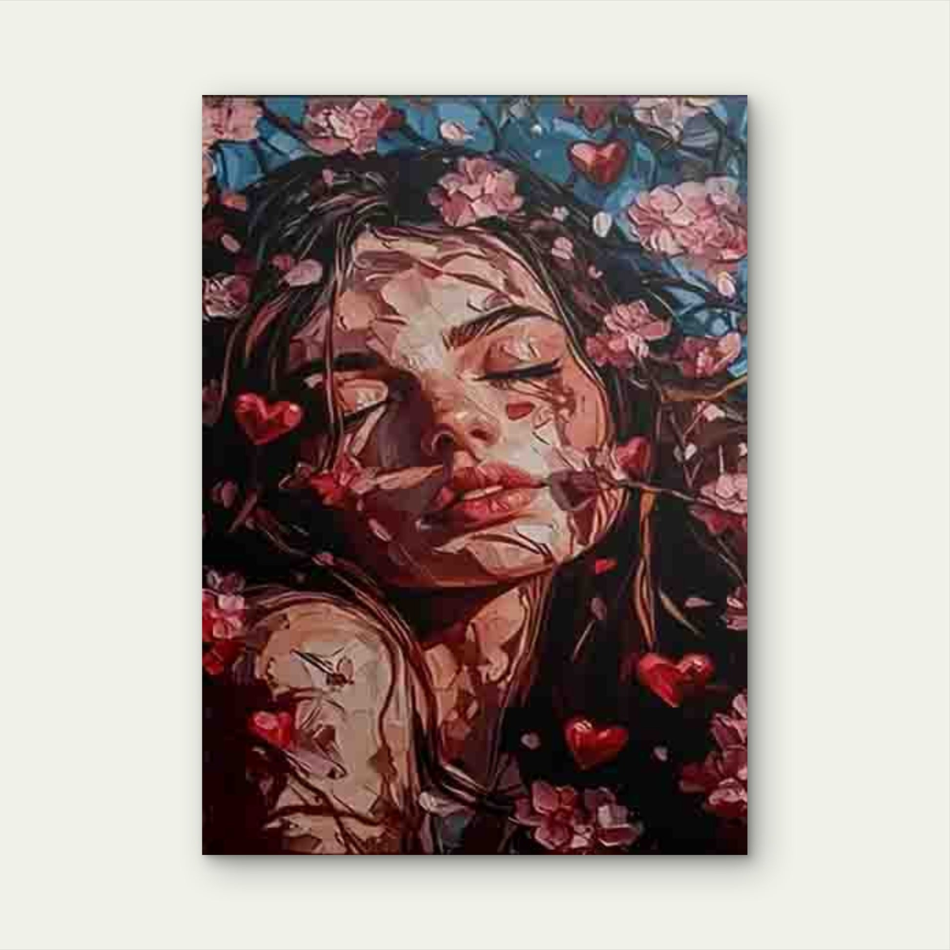 Dreamy Woman with Cherry Blossoms & Hearts Metal Print Ready to Hang - Bella Home Decor