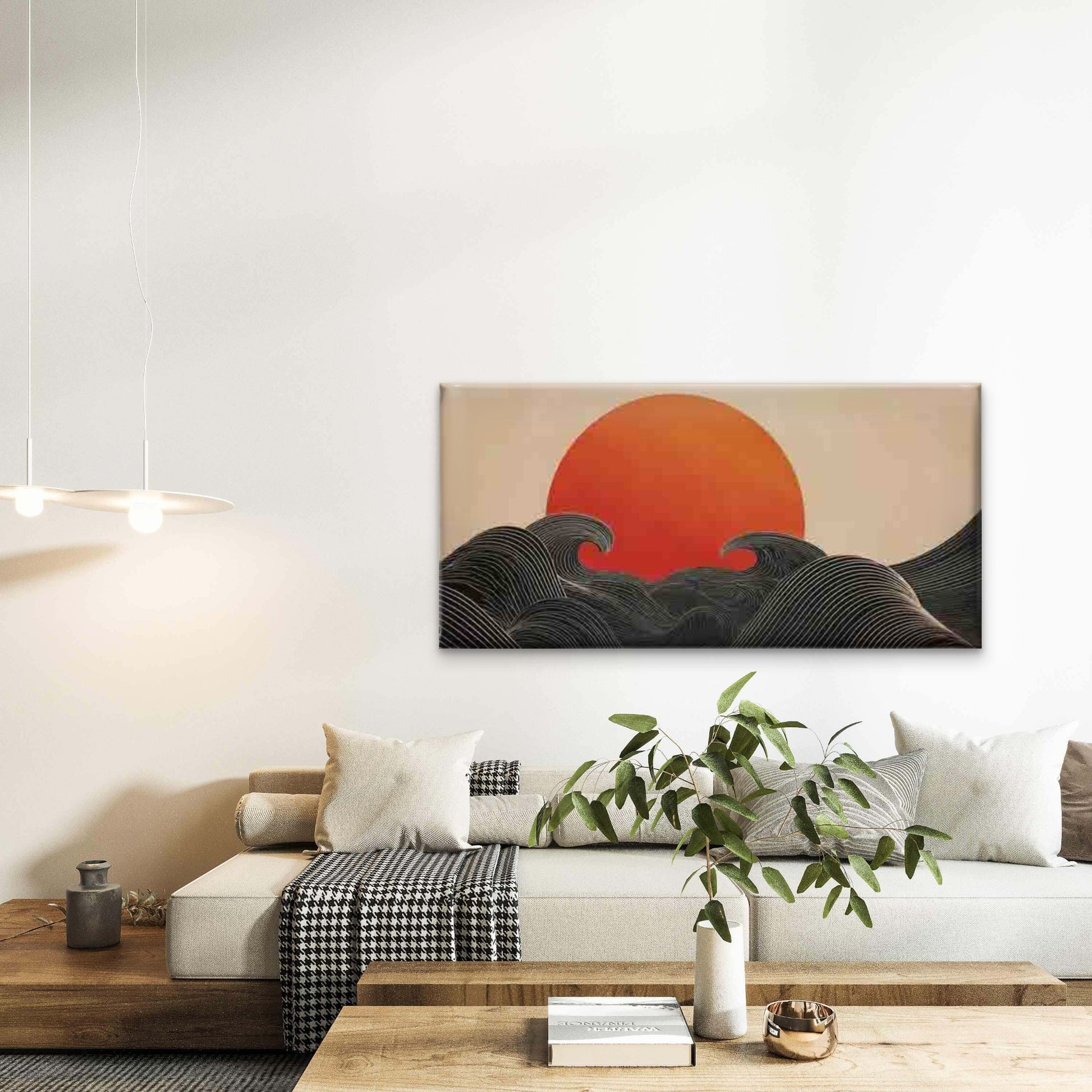 Abstract Waves And Sun Wall Art Canvas Office Home Room Framed 120x60cm - Bella Home Decor