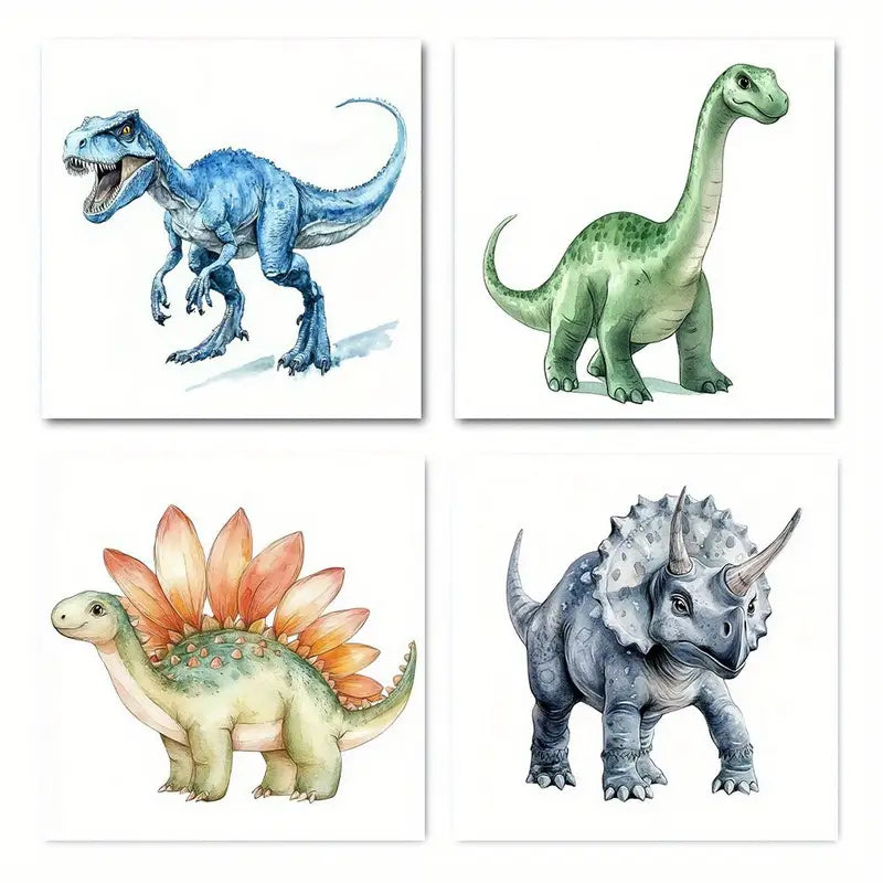 4pcs Featuring Blue, Green, Orange & Blue Dino Wall Art Canvas Framed