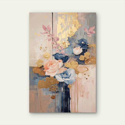 Navy Blush Floral Gold Foil Abstract Bloom 40x60cm Metal Print Ready to Hang