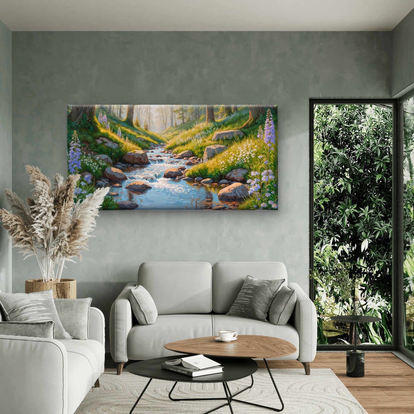 Lush Valley Stream With Wildflowers And Sunlit Rocks Landscape Wall Art Canvas Office Home Room Framed 120x60cm