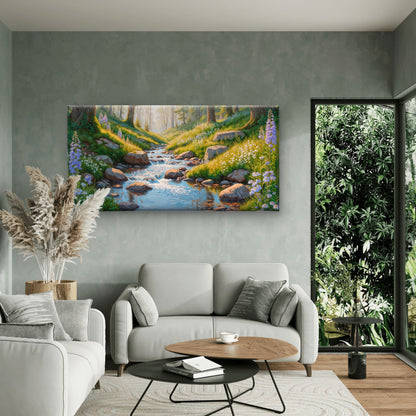 Lush Valley Stream With Wildflowers And Sunlit Rocks Landscape Wall Art Canvas Office Home Room Framed 120x60cm