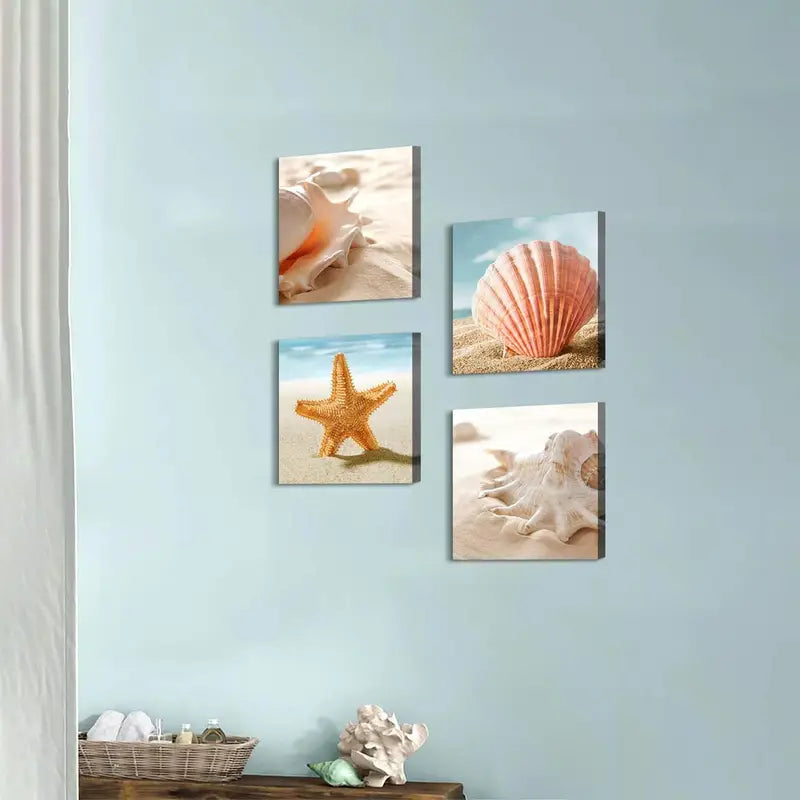 4pcs Beach Seashell Wall Art Canvas Framed