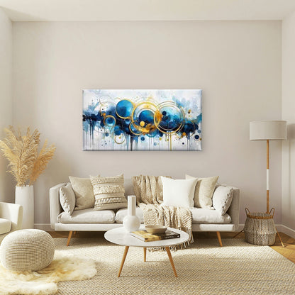 Blue Circles And Golden Lines Wall Art Canvas Office Home Room Framed 120x60cm - Bella Home Decor