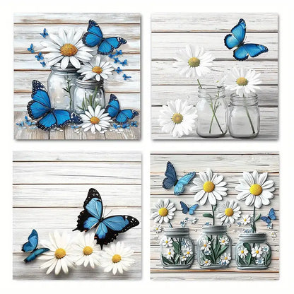 4pcs  odern Floral Mason Jar Paintings YU Wall Art Canvas Framed