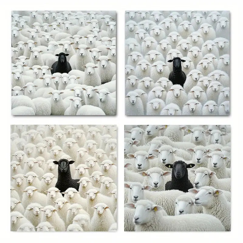 4pcs  Black Sheep in Aries Vintage Abstract      Wall Art Canvas Framed