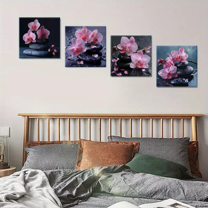 4pcs Black Pebbles  Pink Flower Wall Art Canvas Framed