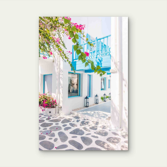 Bougainvillea Santorini White Village Beautiful40x60cm Metal Print Ready to Hang