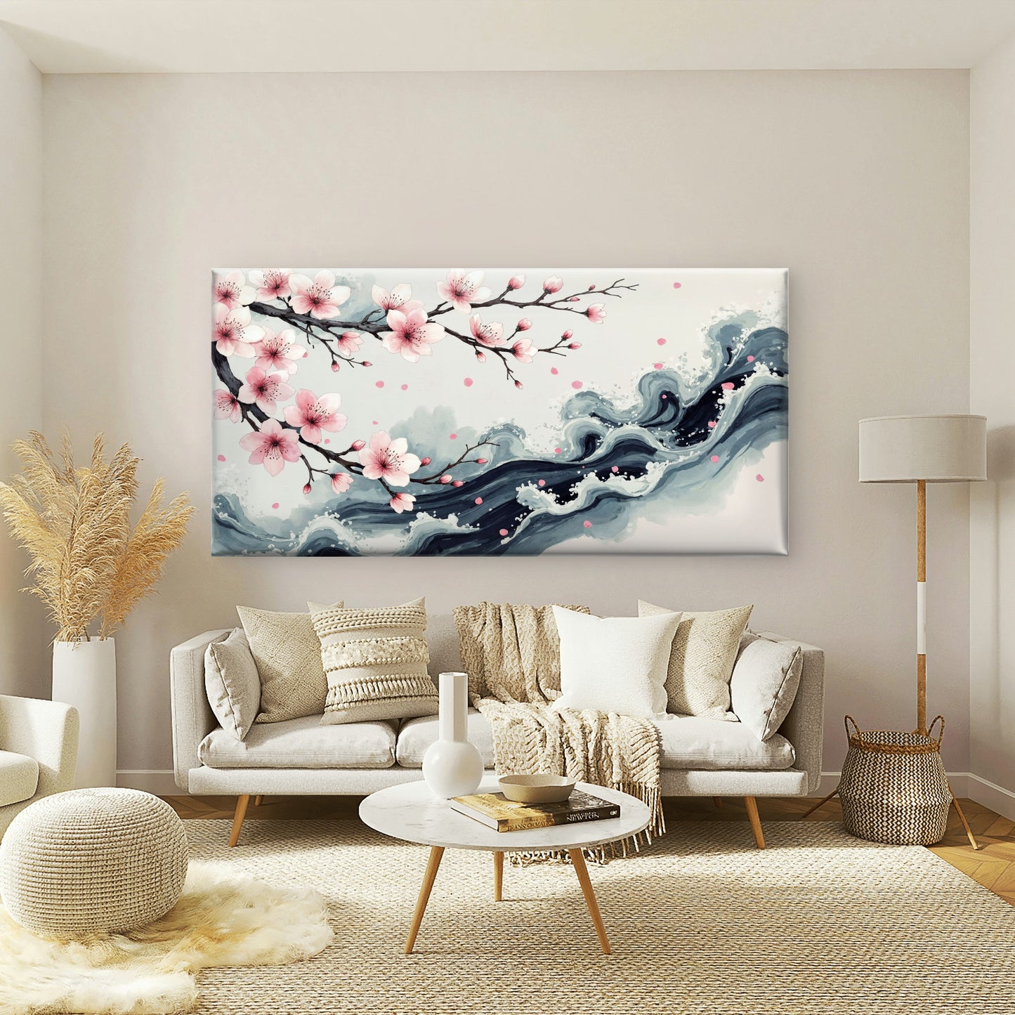 Cherry Blossom Meets The Sea Wall Art Canvas Office Home Room Framed 120x60cm