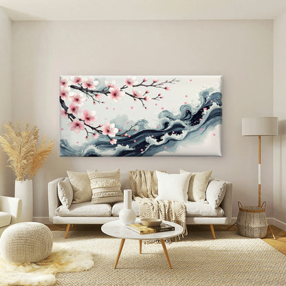 Cherry Blossom Meets The Sea Wall Art Canvas Office Home Room Framed 120x60cm