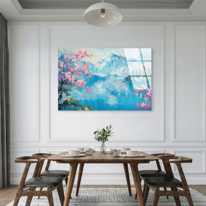 Mountain Lake Cherry Blossom Glass Printing Wall Art Australian Made Quality