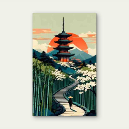 Five-Story Pagoda & Cherry Blossom Path 60x90cm Metal Print Ready to Hang
