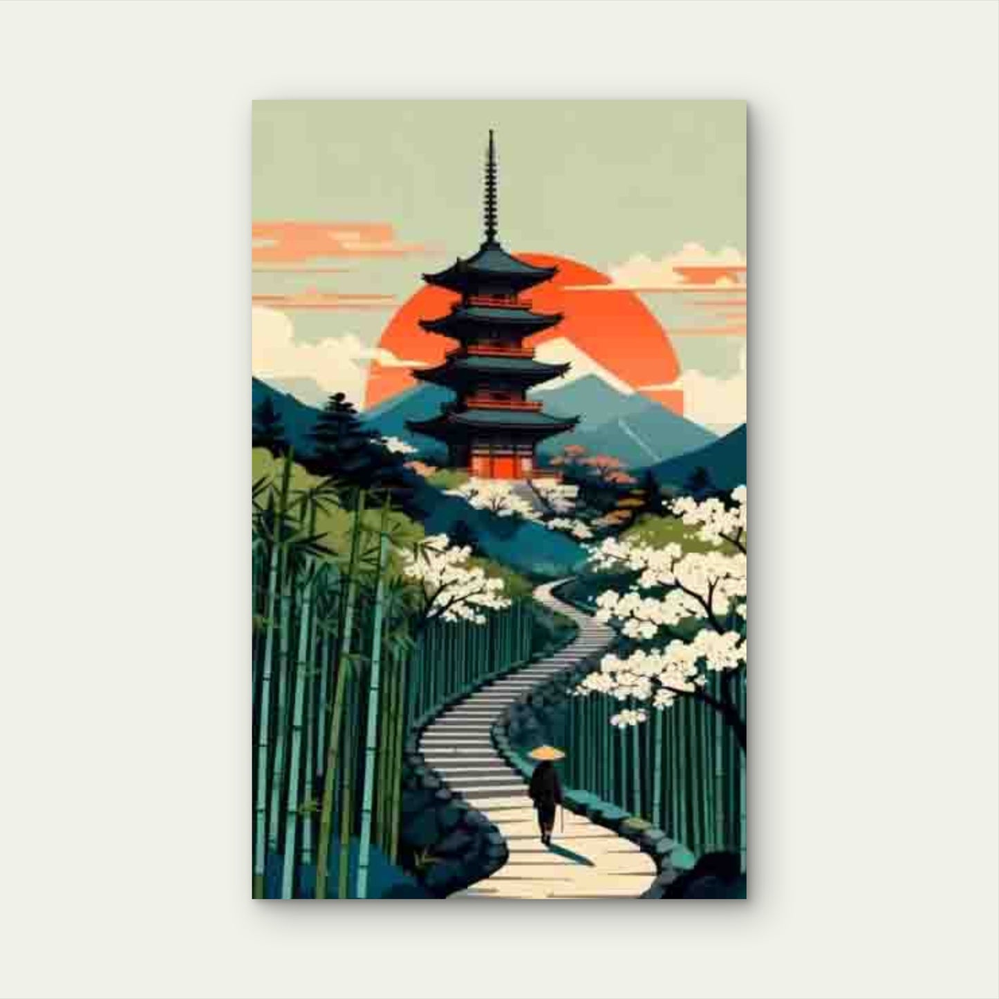 Five-Story Pagoda & Cherry Blossom Path Metal Print Ready to Hang