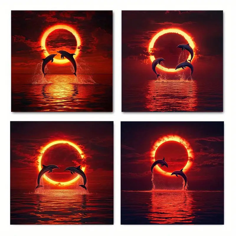 4pcs   Puffer sunset theme  SUN  Wall Art Canvas Framed