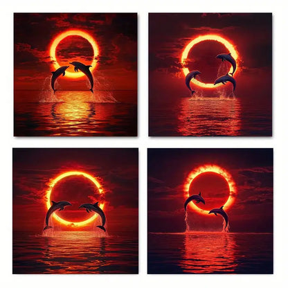 4pcs   Puffer sunset theme  SUN  Wall Art Canvas Framed