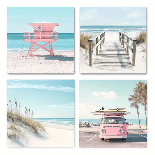 4pcs Coastal Beach Chic Summer Ocean Wall Art Canvas Framed