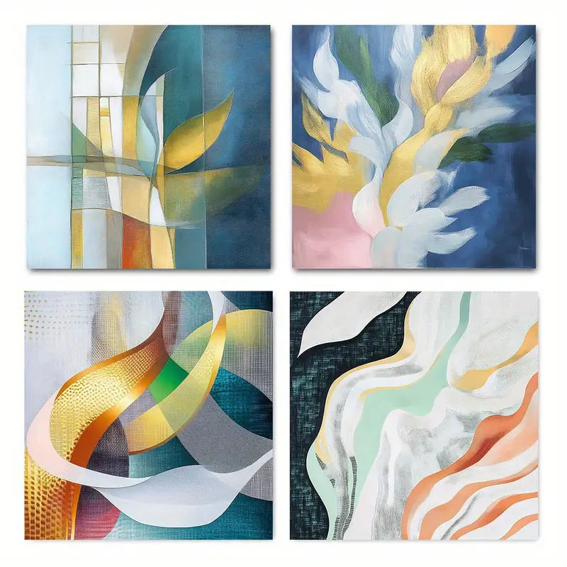 4pcs Abstract Design In Blue, Yellow, Pink & Gre Canvas Framed