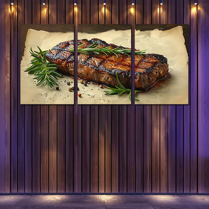3pcs Steak with Rosemary Sprigs & Peppercorns Wall Art Set Canvas Framed 40x60cm - High Quality Print 100% Australian Made Wall Canvas Ready to Hang