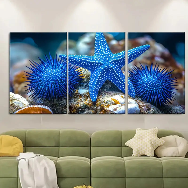 3pcs Blue Starfish & Sea Urchin Ocean Wall Art Set Canvas Framed 60x90cm - High Quality Print 100% Australian Made Wall Canvas Ready to Hang - Bella Home Decor