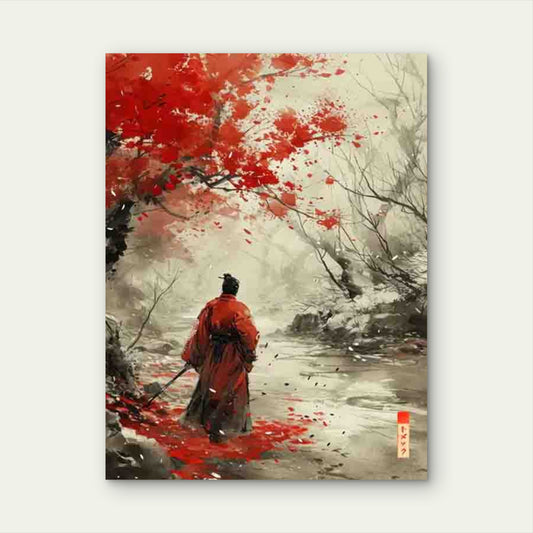 Samurai Artwork Featuring Red Blossoms 40x60cm Metal Print Ready to Hang