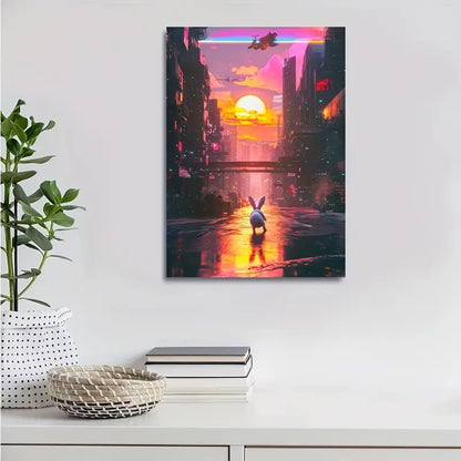 Cyberpunk Rabbit Under Glowing Sunset 40x60cm Metal Print Ready to Hang - Bella Home Decor