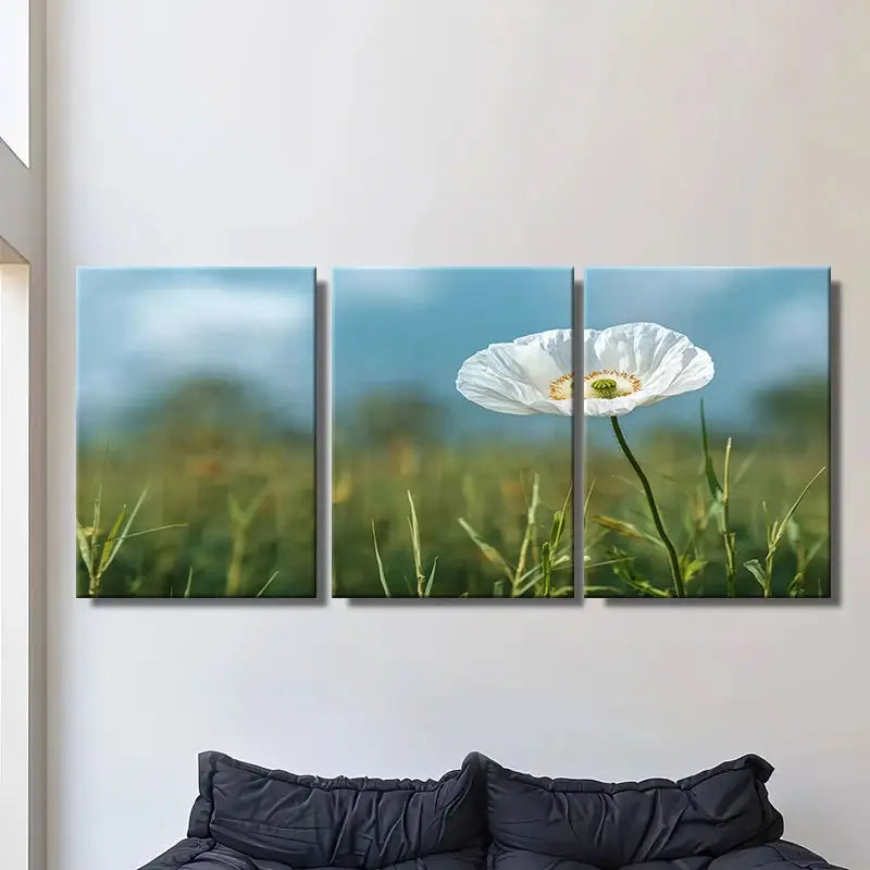 3pcs White Poppy Flower In Grass Field Metal Print Ready to Hang Art