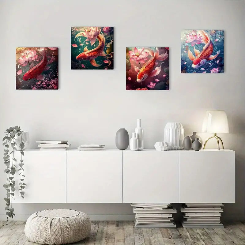 4pcsGoldfish For Lotus Wall Art Canvas Framed