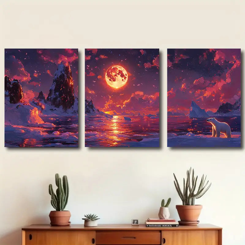 3pcs Arctic Coastline Polar Bear Scene Wall Art Set Canvas Framed 60x90cm - High Quality Print 100% Australian Made Wall Canvas Ready to Hang - Bella Home Decor