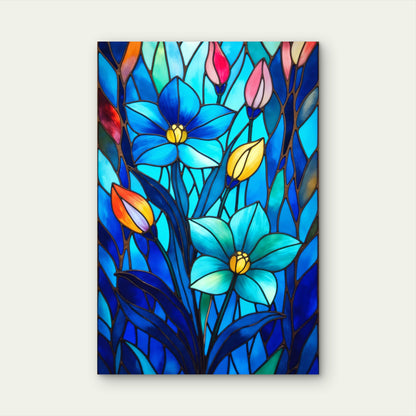 Blue Turquoise Floral Tulip Botanical Mosaic 40x60cm Metal Print Ready to Hang