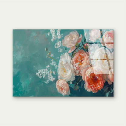 Teal and Blush Pink Peony Acrylic Glass Printing Wall Art Australian Made Quality