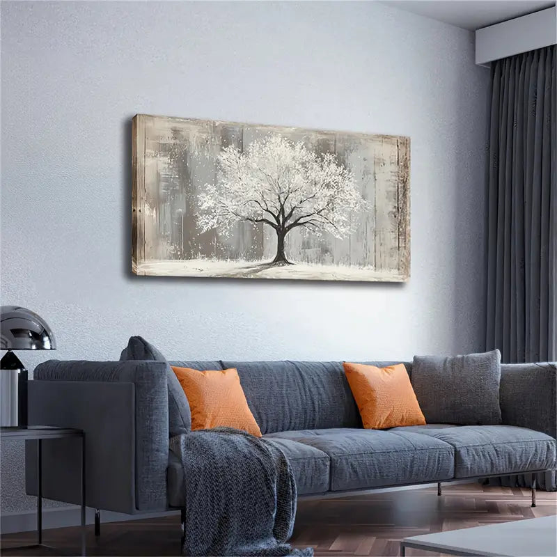 Minimalist White Tree on Grey Wall Art Canvas Office Home Room Framed 120x60cm - Bella Home Decor