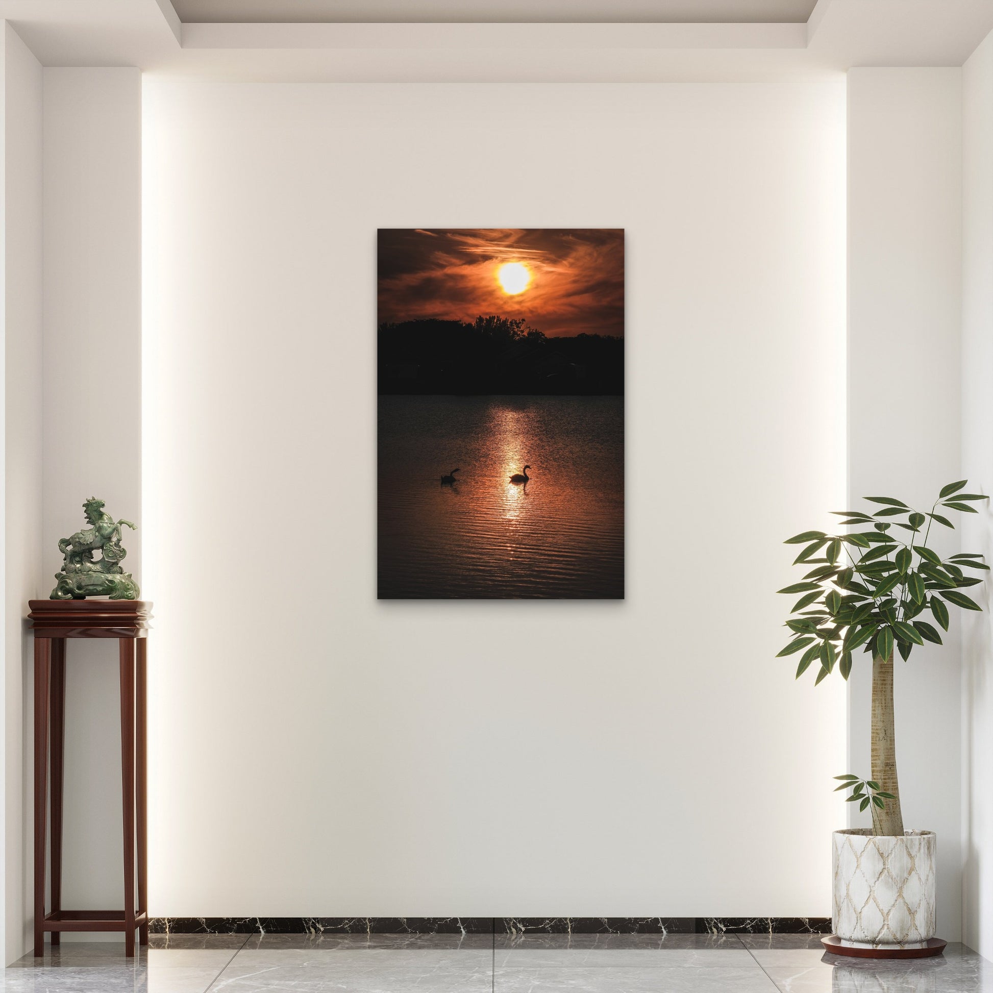 Swans On Lake Sunset Silhouette 40x60cm Metal Print Ready to Hang