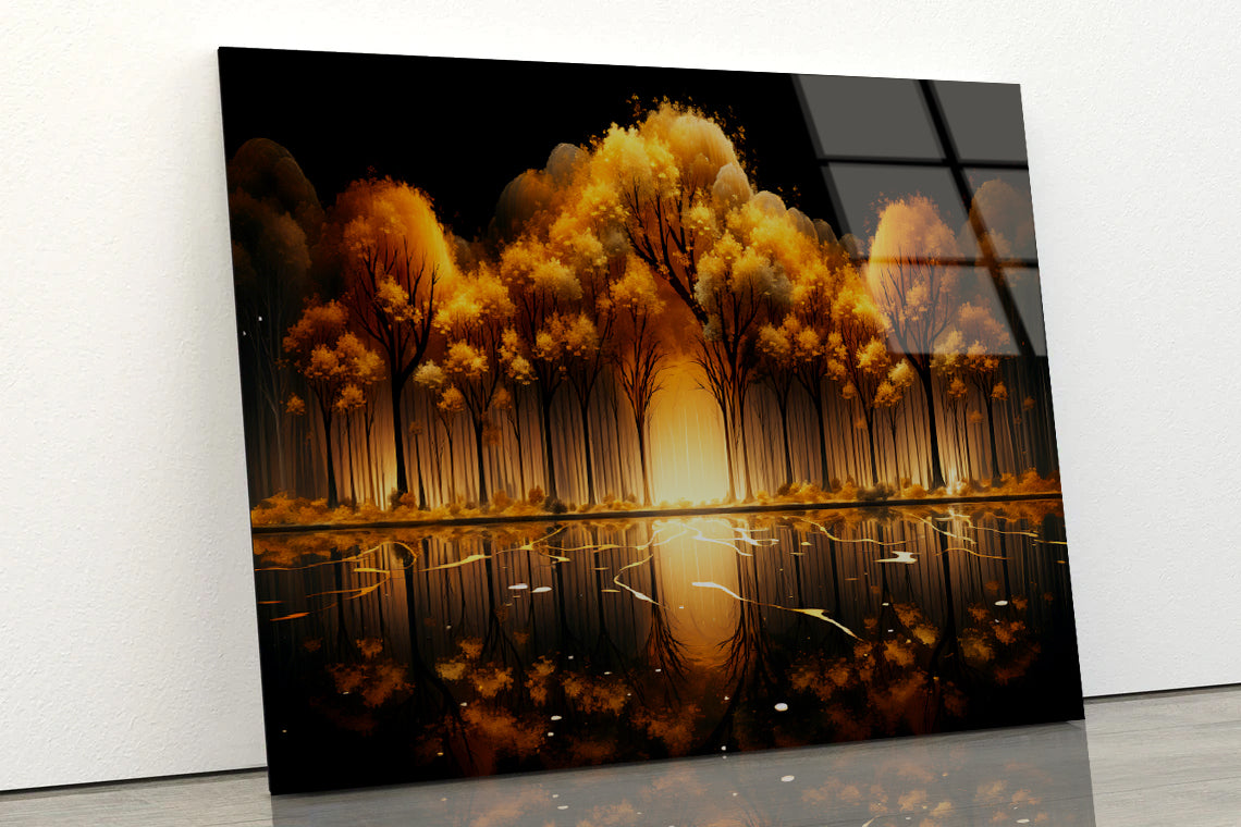 Oil Painting of Golden Trees & Lake Acrylic Glass Print Tempered Glass Wall Art 100% Made in Australia Ready to Hang - Bella Home Decor