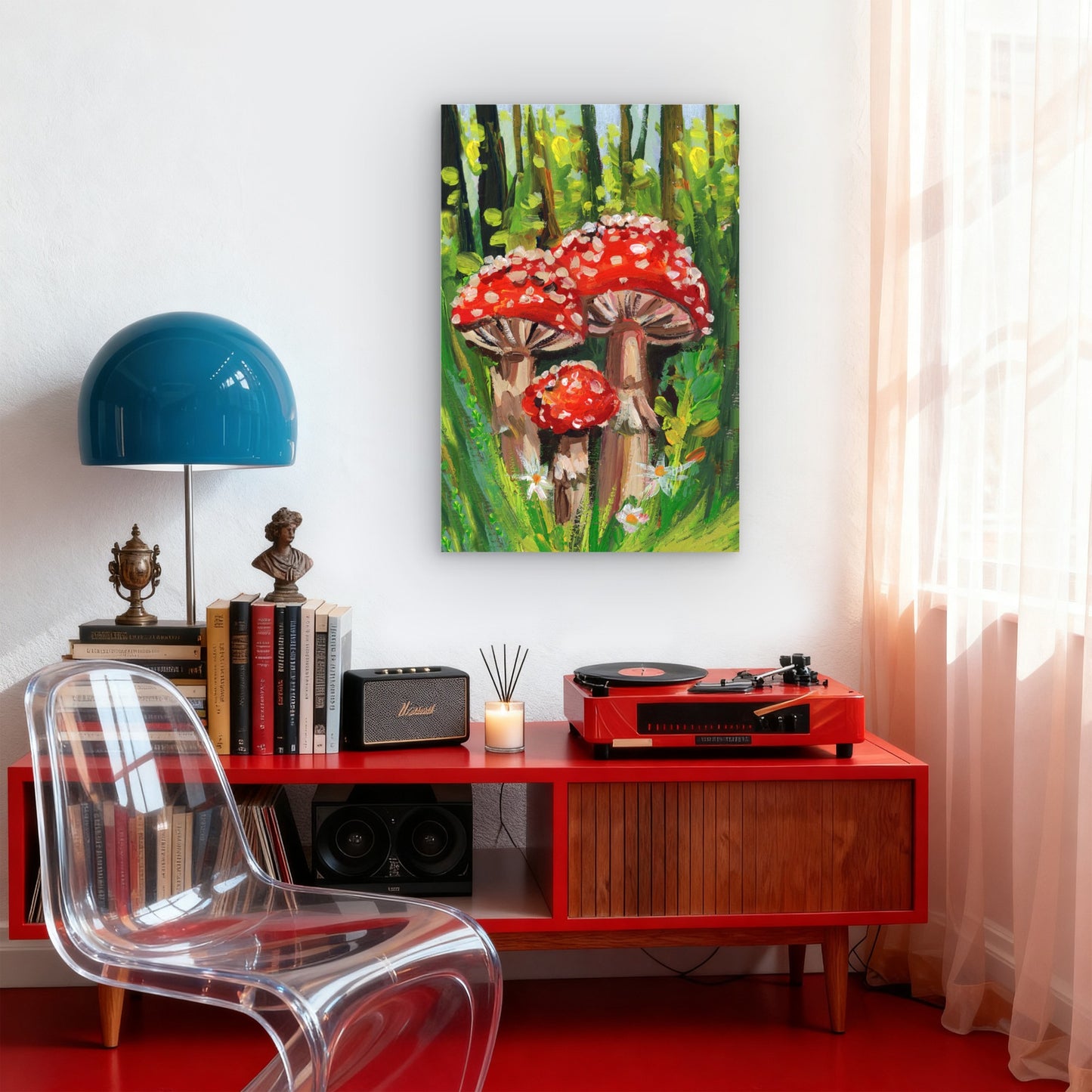 Red Amanita Mushrooms Forest Painting 60x90cm Metal Print Ready to Hang