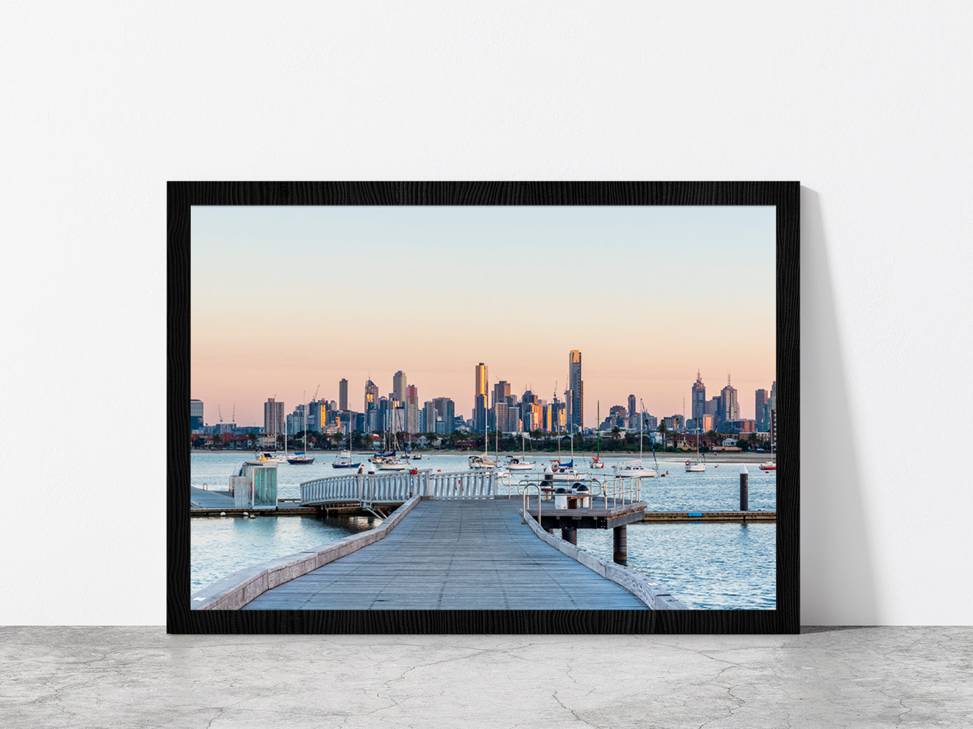 Melbourne City Skyline Sunrise Glass Framed Wall Art, Ready to Hang Quality Print Without White Border Black