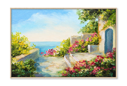 House near the Sea & Colorful Flowers Oil Painting Wall Art Limited Edition High Quality Print Canvas Box Framed Natural