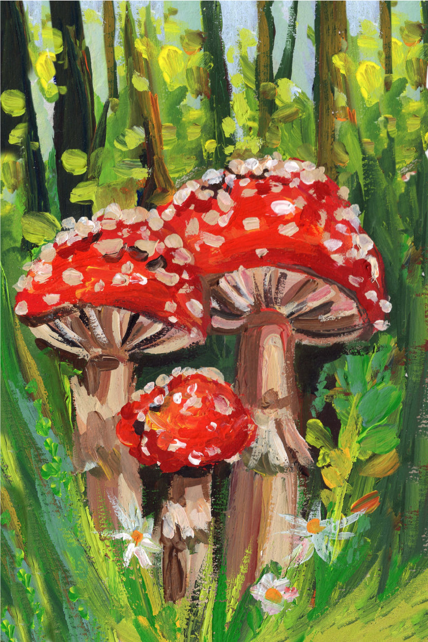 Red Amanita Mushrooms Forest Painting 60x90cm Metal Print Ready to Hang