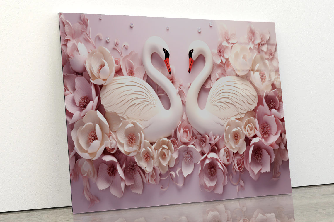 Two Colorful Floral Swans Acrylic Glass Print Tempered Glass Wall Art 100% Made in Australia Ready to Hang - Bella Home Decor
