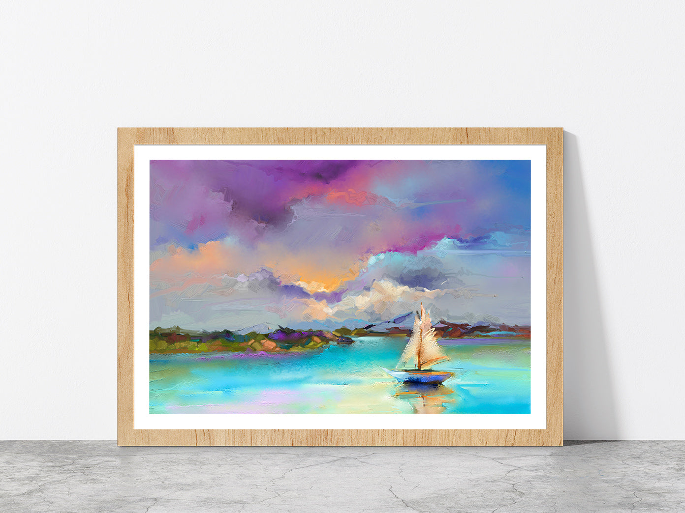 Sail Boat On Sea With Colorful Sky Glass Framed Wall Art, Ready to Hang Quality Print With White Border Oak