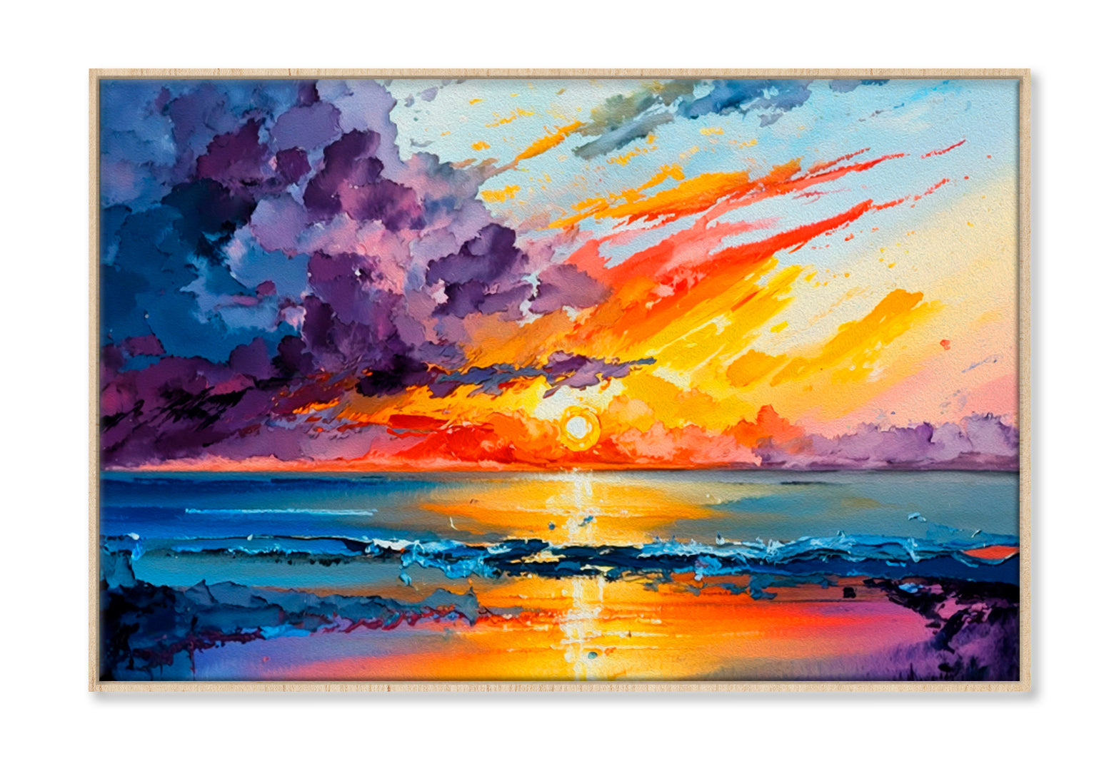 The Sea, Multicolored Sunset Oil Painting Wall Art Limited Edition High Quality Print Canvas Box Framed Natural