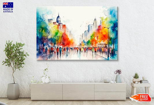 Jazzy, Lively, Colorful Water Color Painting of a Downtown City Wall Art Decor 100% Australian Made