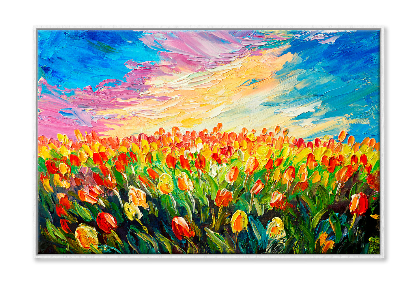 Tulip Flowers Meadow Oil Painting Wall Art Limited Edition High Quality Print Canvas Box Framed White