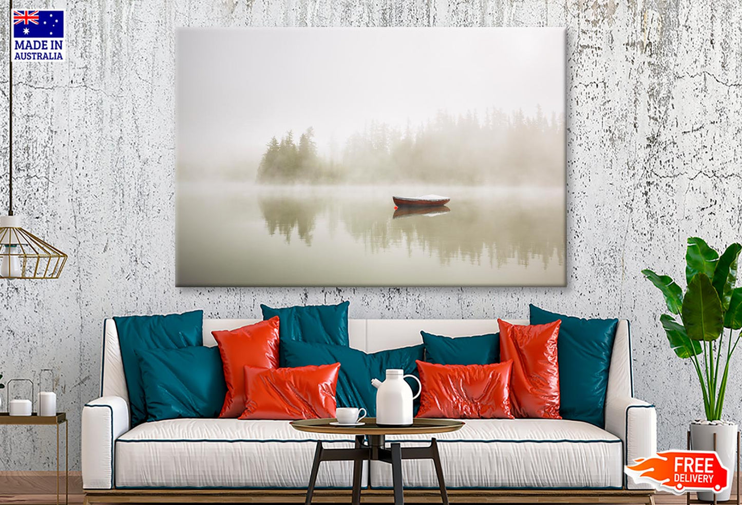 Boat On the Lake at Morning Fog Wall Art Decor 100% Australian Made