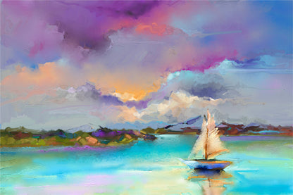 Sail Boat On Sea With Colorful Sky Glass Framed Wall Art, Ready to Hang Quality Print