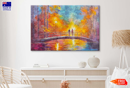 Lovers On Bridge In Forest At Night In Beautiful Romantic Rays Wall Art Limited Edition High Quality Print