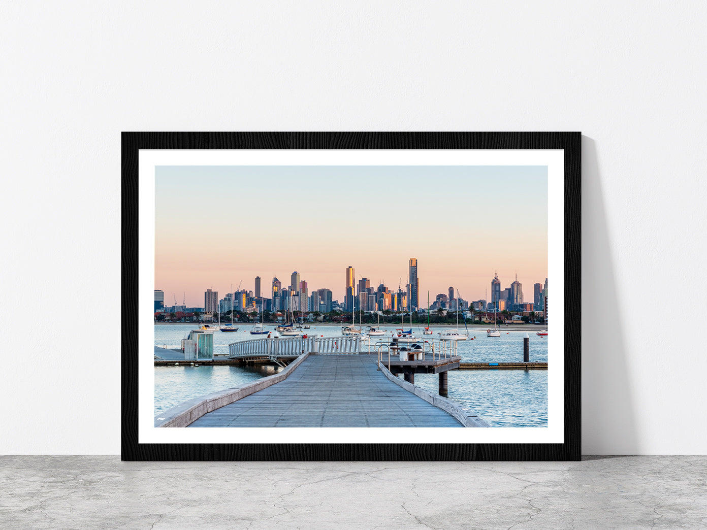 Melbourne City Skyline Sunrise Glass Framed Wall Art, Ready to Hang Quality Print With White Border Black