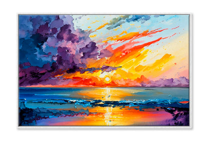 The Sea, Multicolored Sunset Oil Painting Wall Art Limited Edition High Quality Print Canvas Box Framed White