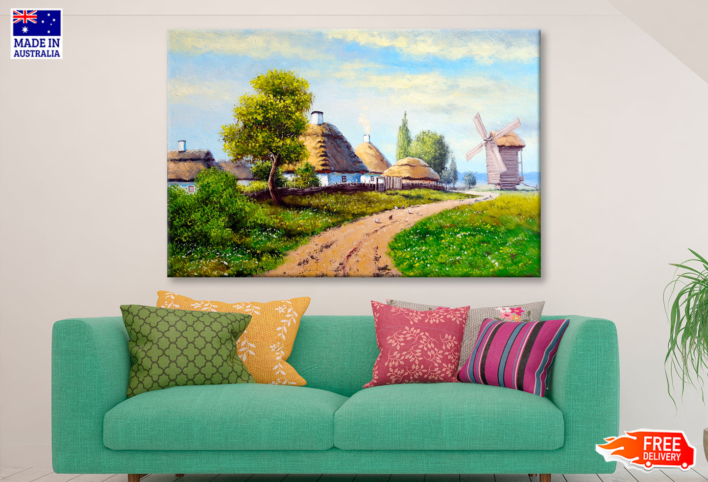 Old Village, Hut, Road, Windmill Oil Painting Wall Art Limited Edition High Quality Print