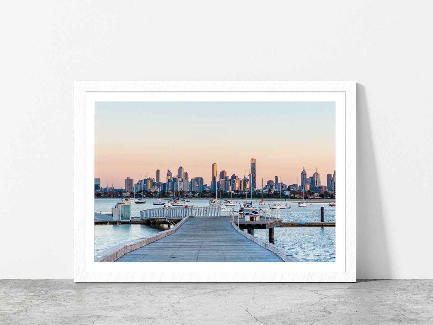 Melbourne City Skyline Sunrise Glass Framed Wall Art, Ready to Hang Quality Print With White Border White