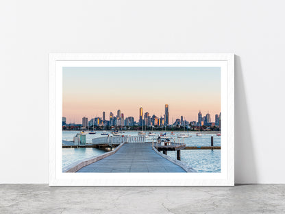 Melbourne City Skyline Sunrise Glass Framed Wall Art, Ready to Hang Quality Print With White Border White